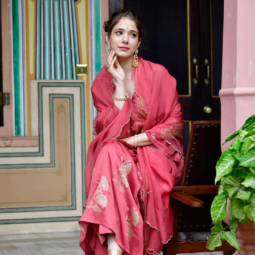 Salmon Pink Block Printed A-line Suit Set with Organza Dupatta