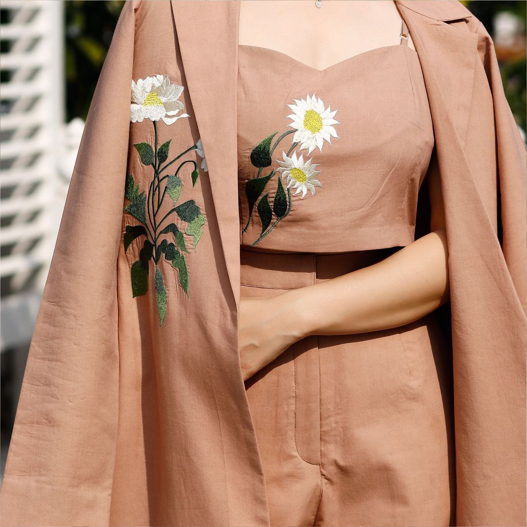 Light Brown Jacket, Pant and Tube Set Adorned with Embroidery