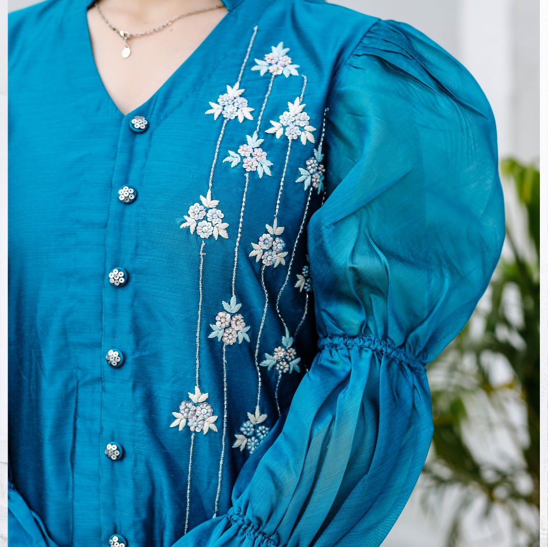 Teal Blue Chanderi Co-ord Set With Embroidery