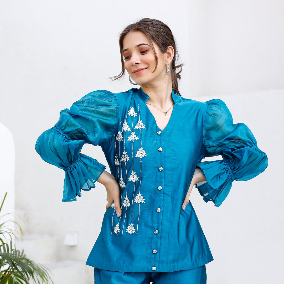 Teal Blue Chanderi Co-ord Set With Embroidery