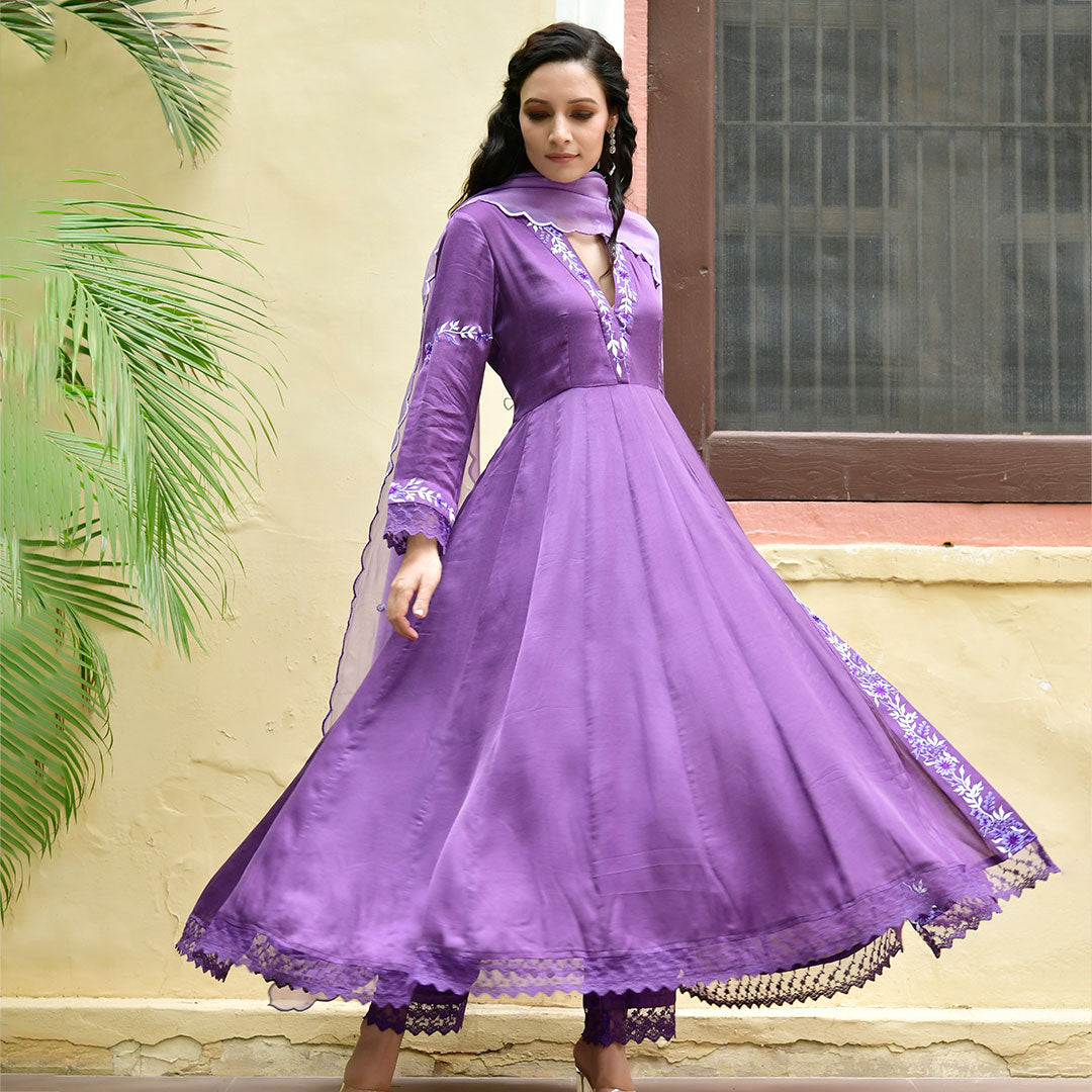 Dark Purple Embroidered Anarkali Suit Set with Dupatta