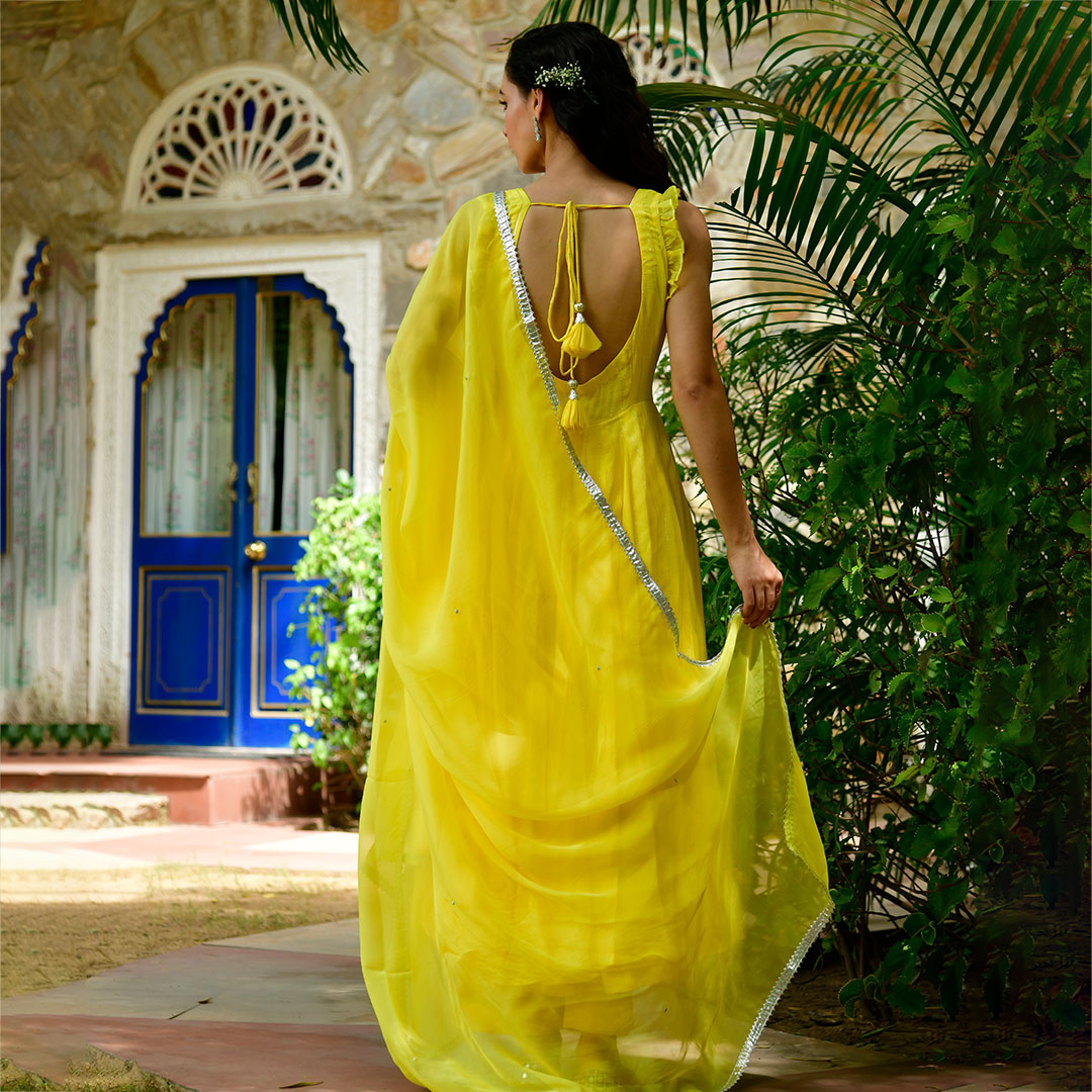 Subtle Yellow Sleeveless Anarkali Kurta with Pants and Dupatta