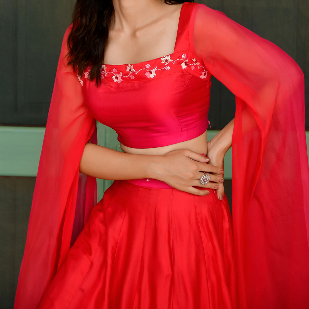 Exquisite Red Ombre Skirt & Top With Flowy Cape Sleeves