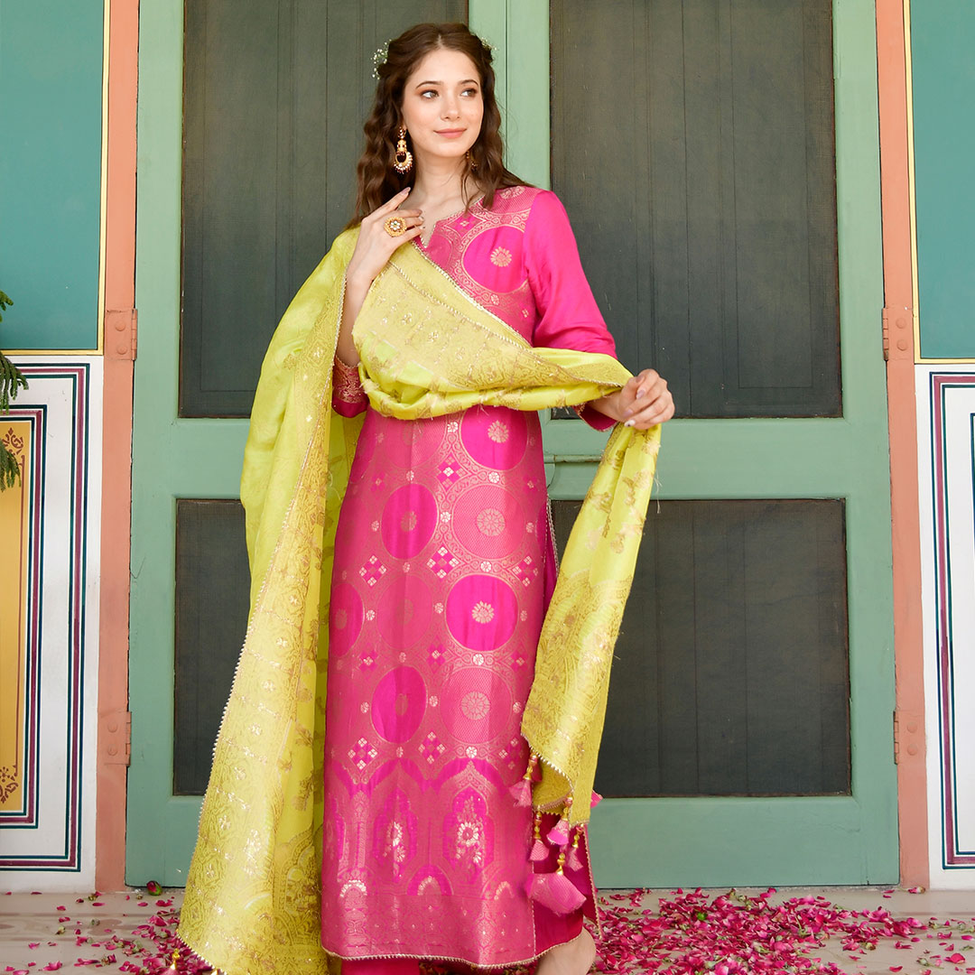 Banarasi Silk Straight Kurta & Pant With Silk Dupatta