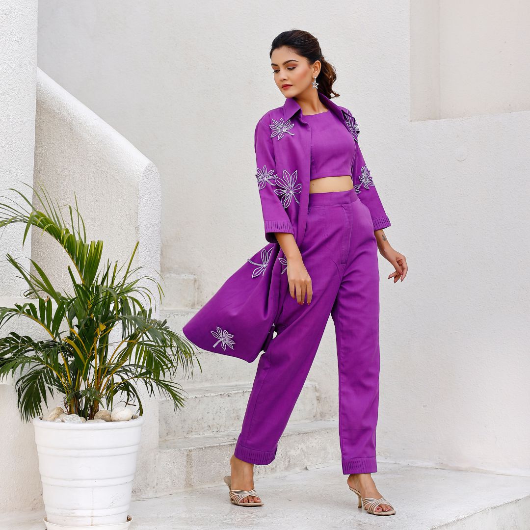 Purple Co-ord Jacket Pant Set with a Sleeveless Blouse Top