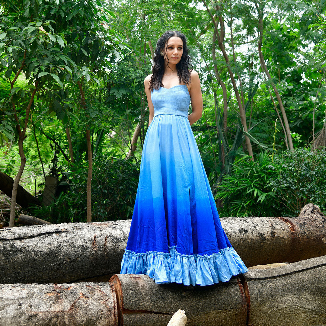 Ink Blue Backless Ombre Maxi Dress 