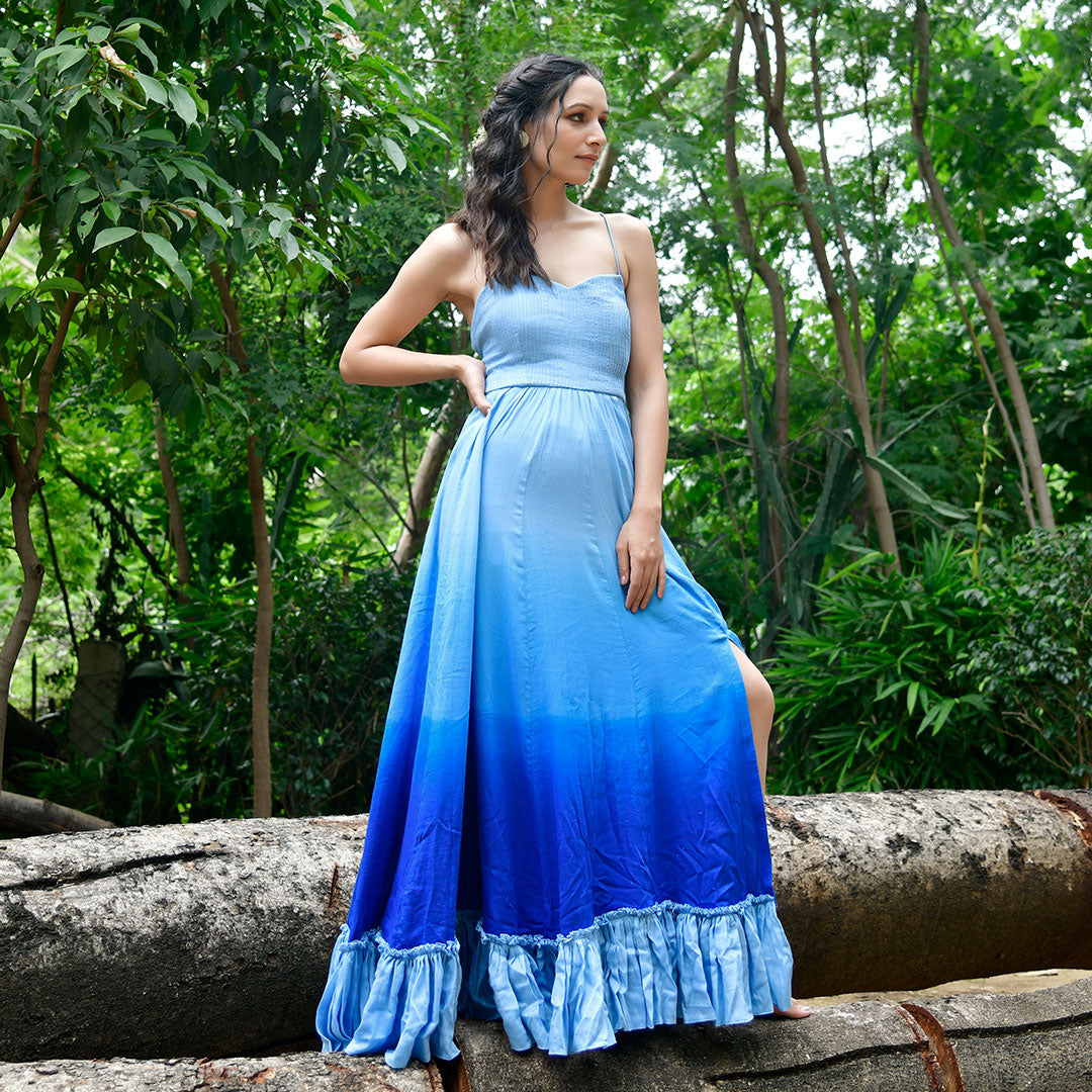 Ink Blue Backless Ombre Maxi Dress 