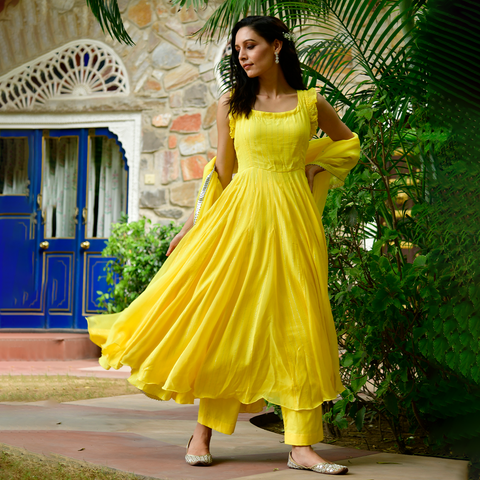 Subtle Yellow Sleeveless Anarkali Kurta with Pants and Dupatta