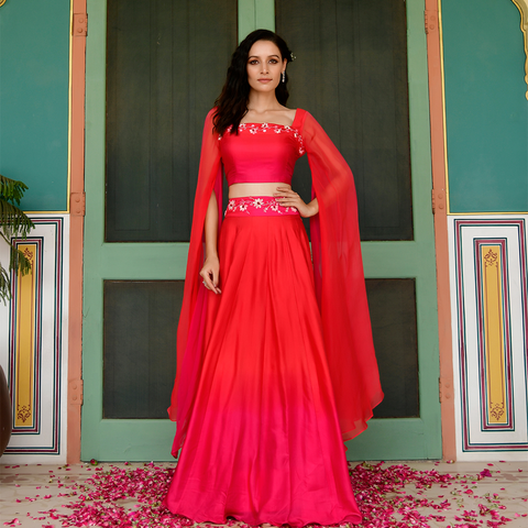 Exquisite Red Ombre Skirt & Top With Flowy Cape Sleeves