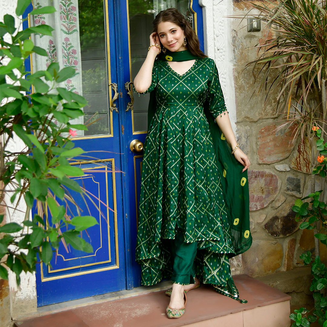 Bottle Green Bandhani on Silk Kurta with Mirror Work – Naina Jain