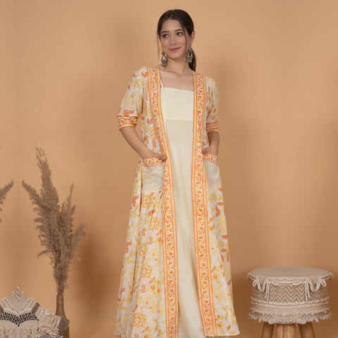 Bohemian Orange-White Cotton Shrug Style A-line Maxi Dress