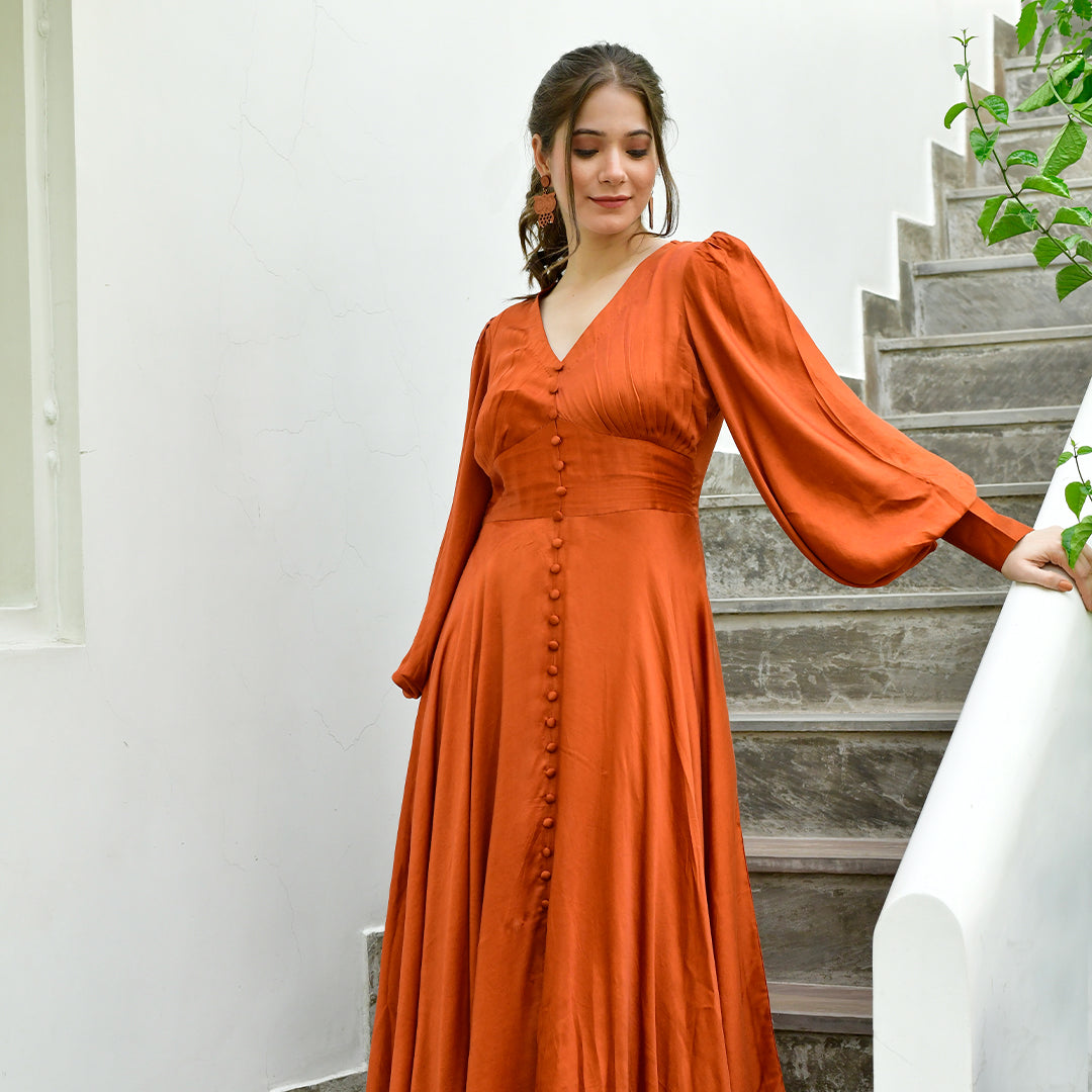 Miraculous Orange Color Heavy Rayon Party Wear Long Flair Gown