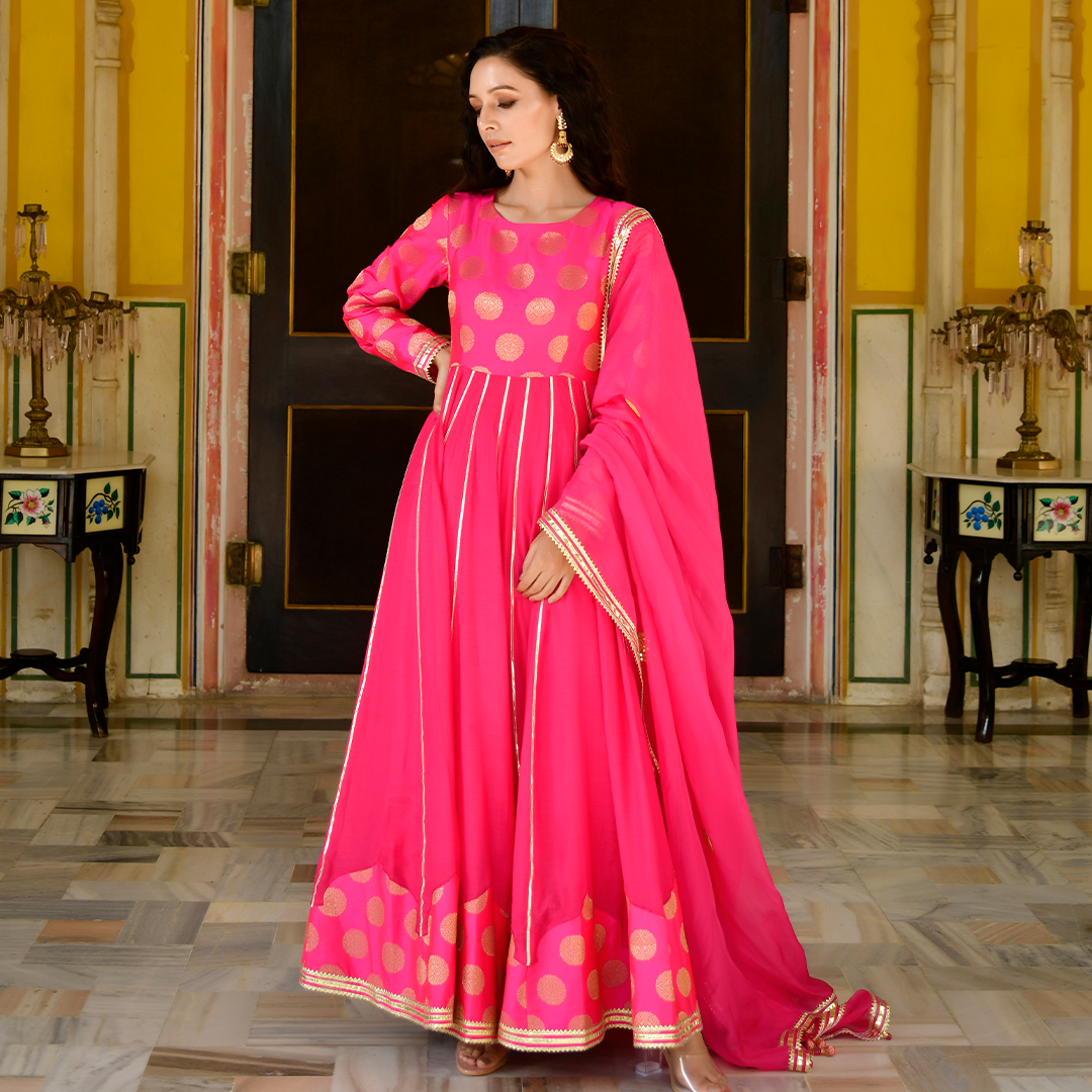 Rani Pink Threadwork Anarkali Suit – Label Madhuri Thakkar