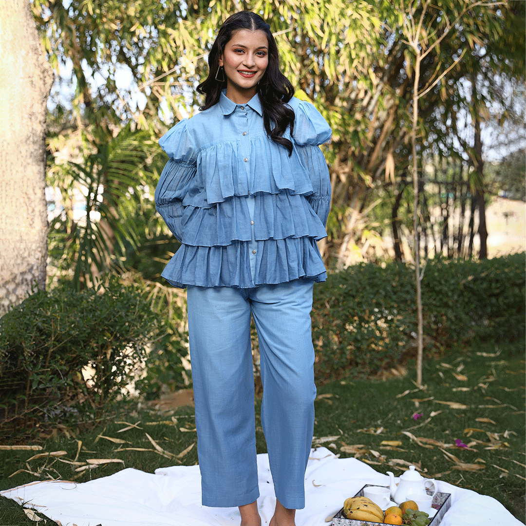 Blue Voile 2 Piece Ruffle Style Ombre Co-ord Set