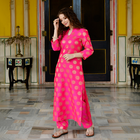 Vibrant Pink Pure Banarasi Silk Kurta and Pant Set