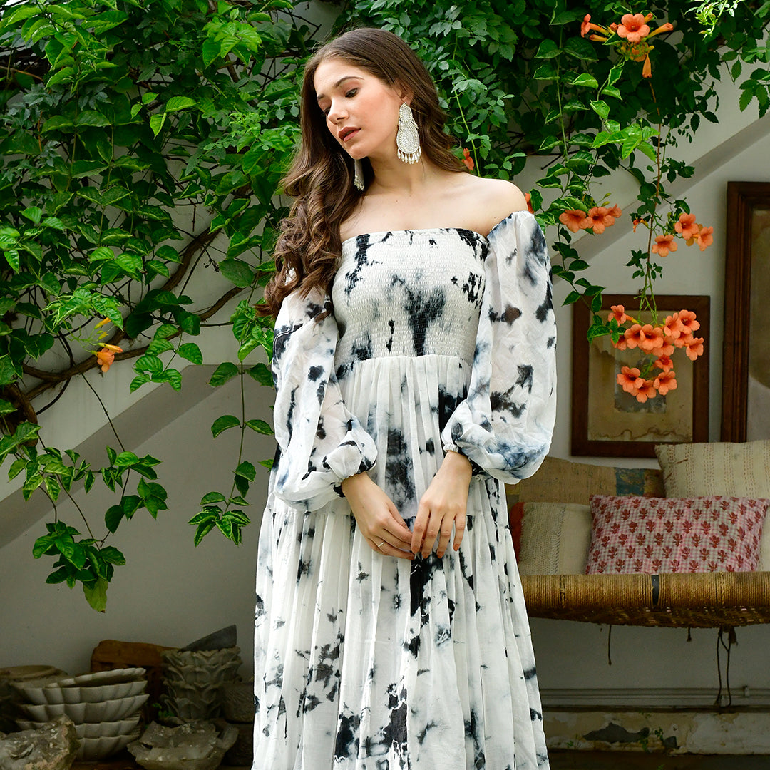 Black And White Off-Shoulder Marble Maxi Dress