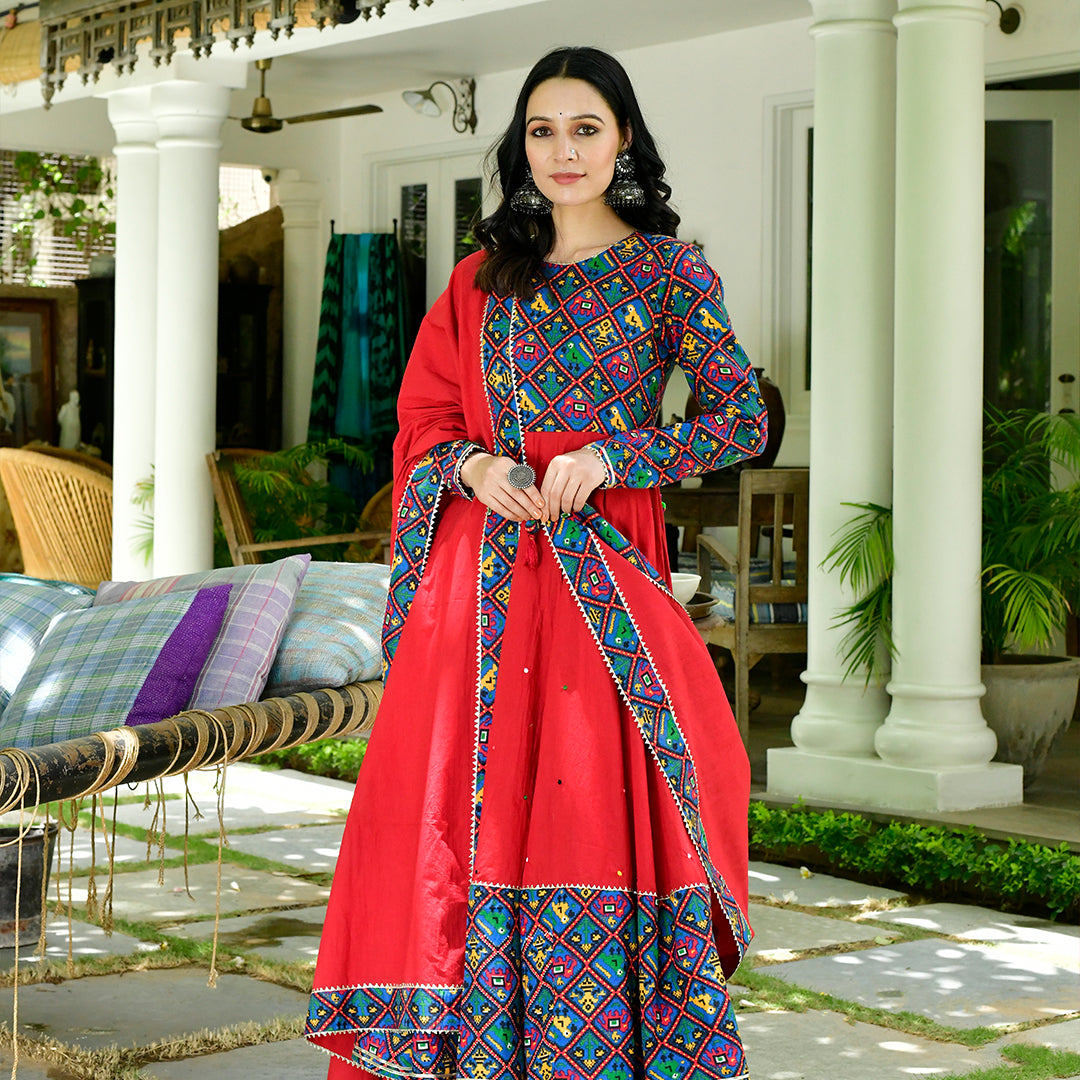 Patola Print Cotton Anarkali Suit Set With Cotton Dupatta