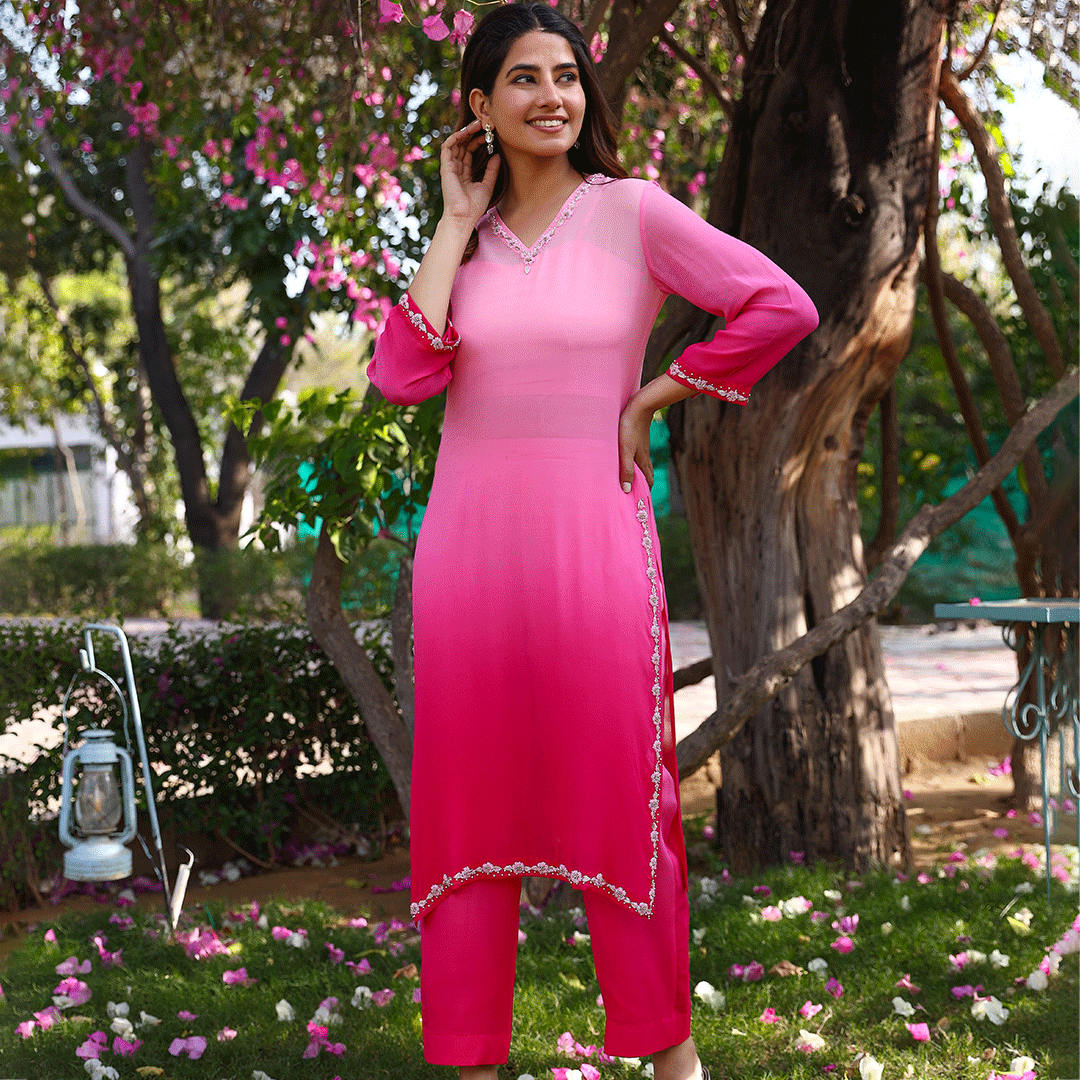 Ombre Pink Georgette Kurta & Pant Set with Intricate Handwork and Inner Tube
