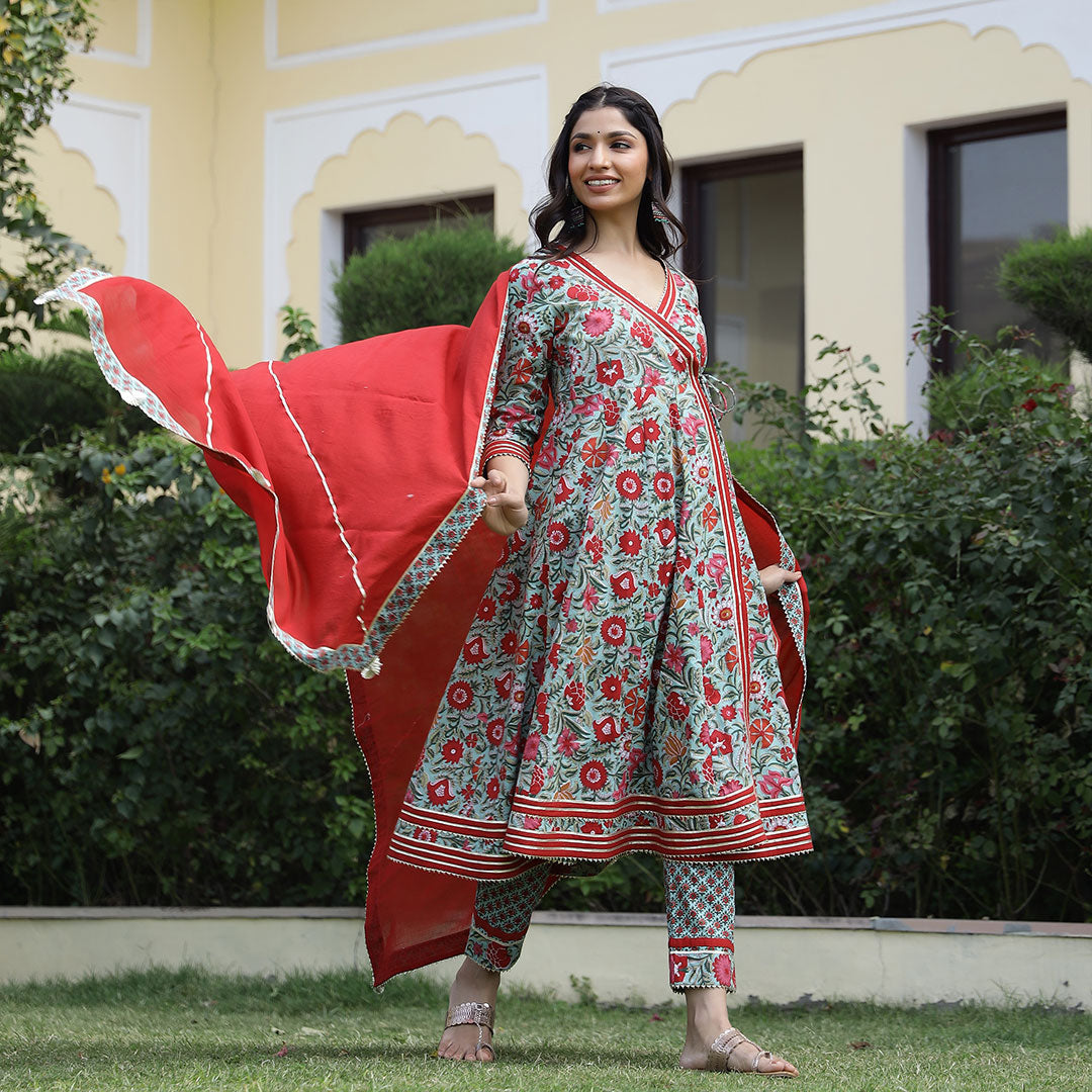 Alluring Floral Print A-line Kurta with Matching Pants and Dupatta