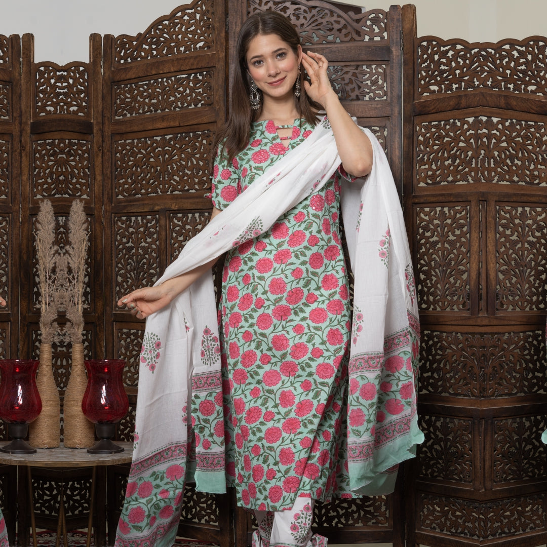Buy Pink Printed Cotton Straight Kurta With Trousers & Dupatta Online at  Rs.1319 | Libas
