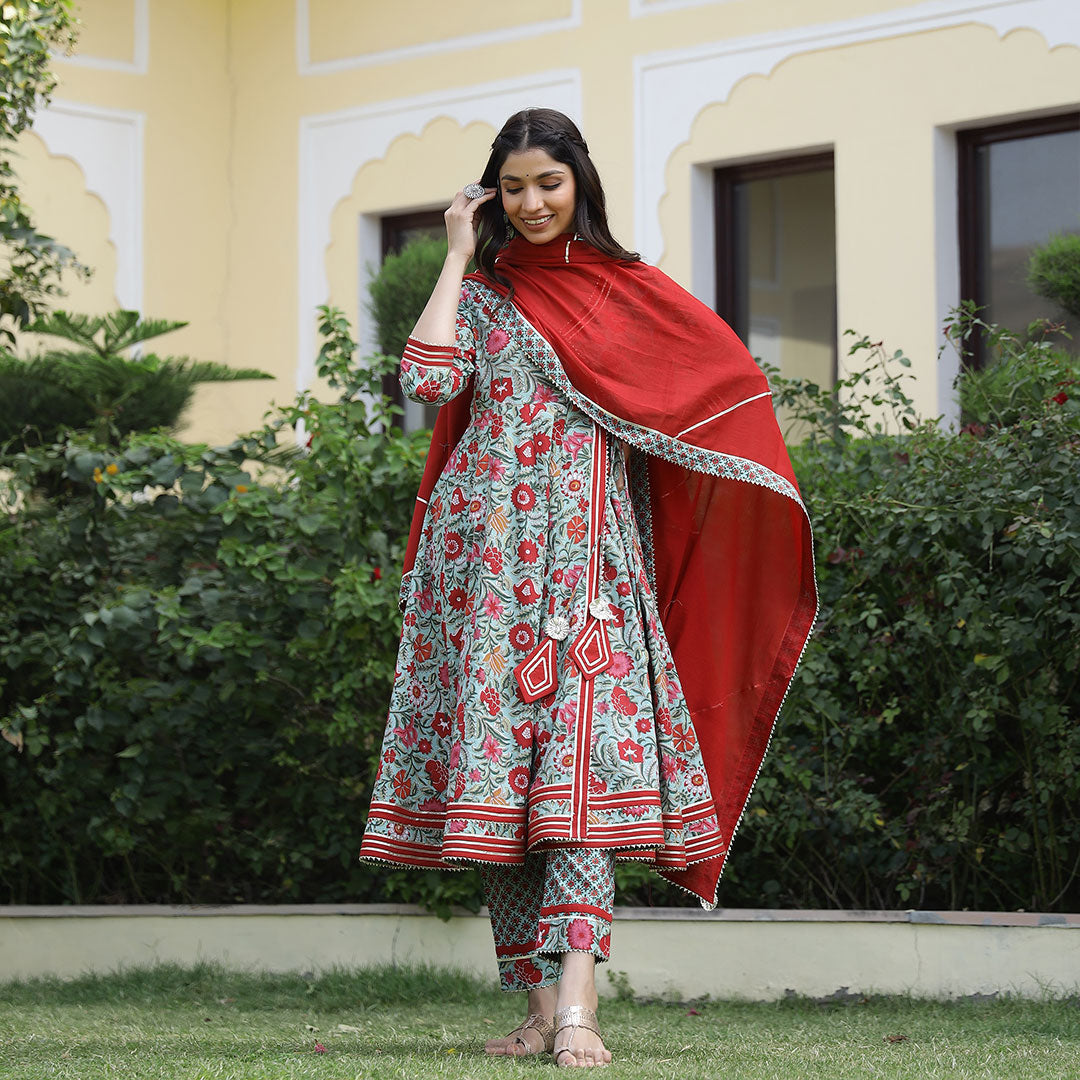 Alluring Floral Print A-line Kurta with Matching Pants and Dupatta