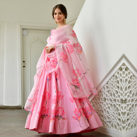 Baby Pink Satin A-line Lotus Dress With Dupatta