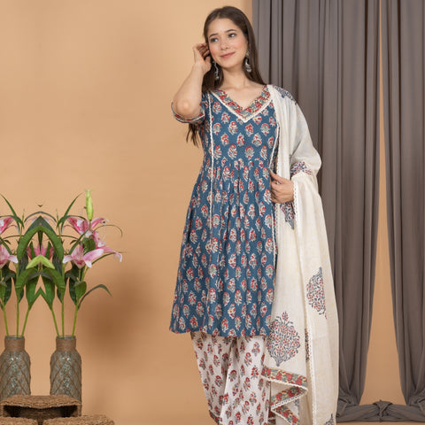 Block Print Straight Kurta with Pants & Dupatta Adorned with Laces