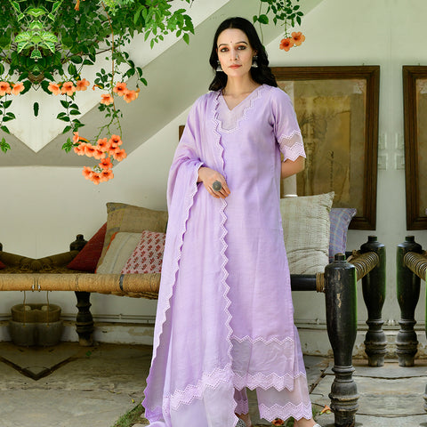 Designer Lavender Straight Kurta with Matching Pants and Chanderi Dupatta