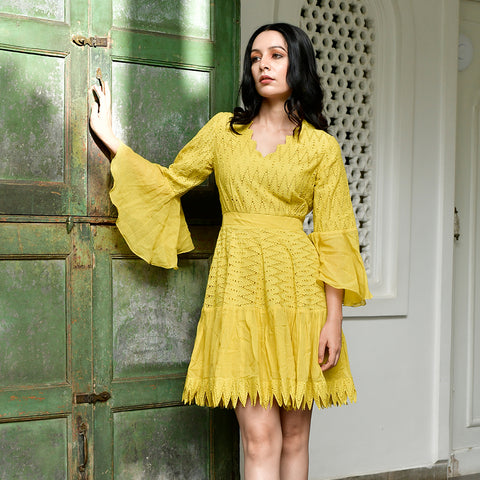 Sunshine Yellow Schiffli And Pure Voile Dress