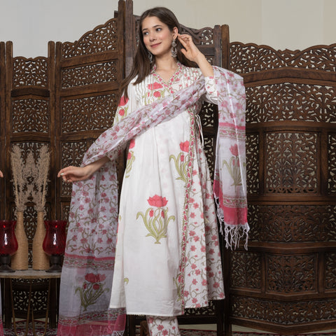 Pink and White Cotton Overlap Suit Set With Kota Doriya Dupatta