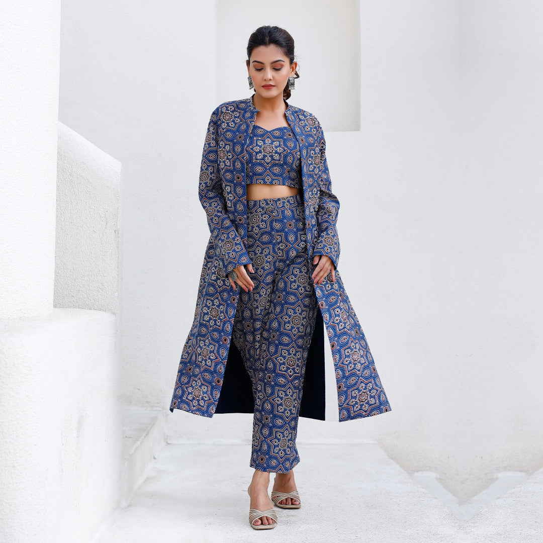 Royal Print 3-piece Top with Jacket and Pant Co-ord Set