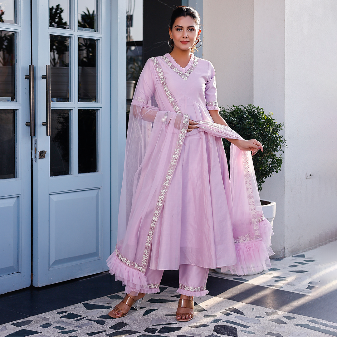 Lavender Chanderi Embroidered A-line Suit Set with Scalloped Dupatta