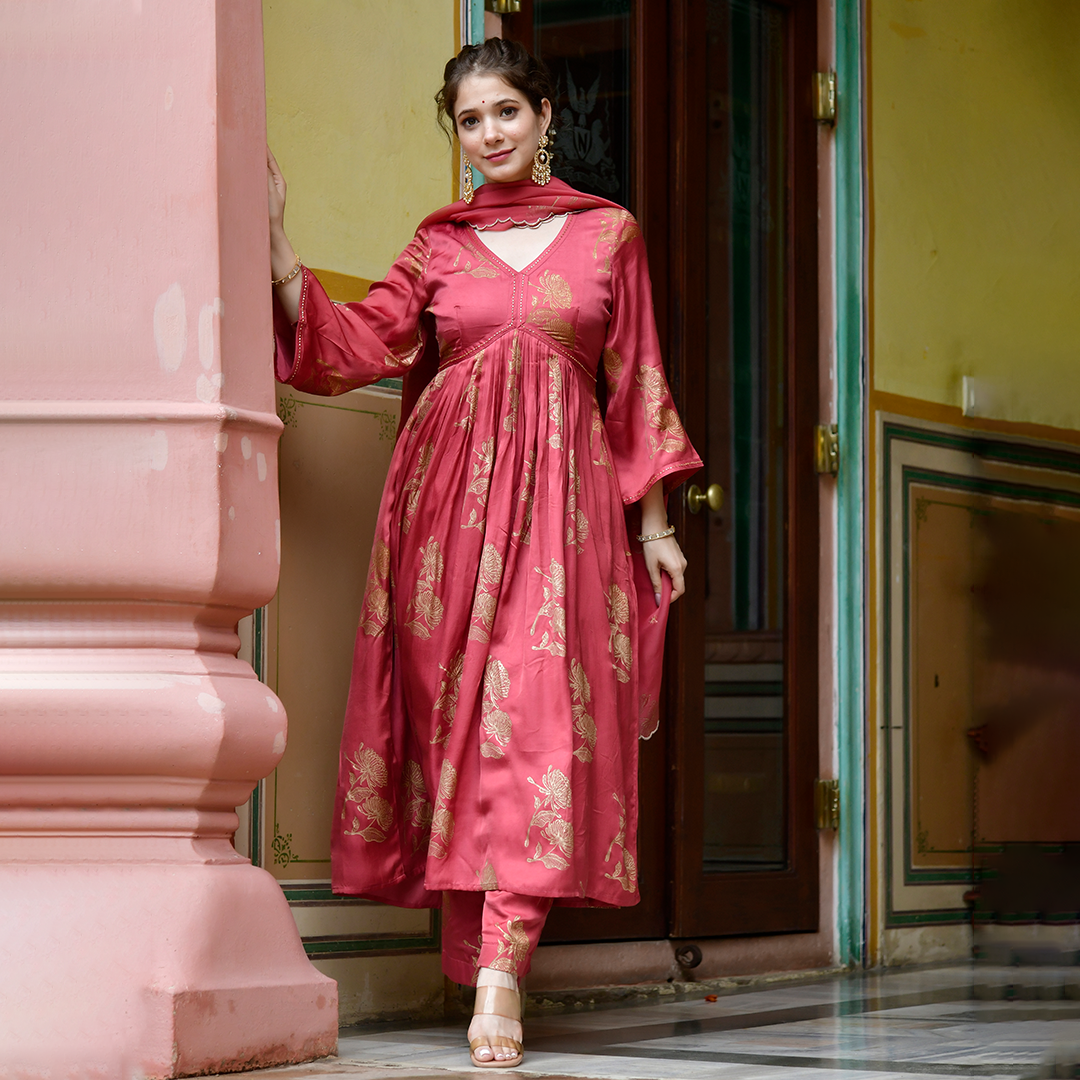 Salmon Pink Block Printed A-line Suit Set with Organza Dupatta