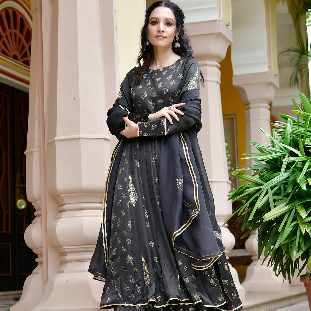 Charming Black Block Print Anarkali Suit Set with Organza Dupatta