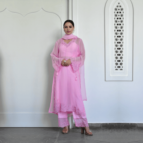Baby Pink Organza Sheer Suit Set with Dupatta