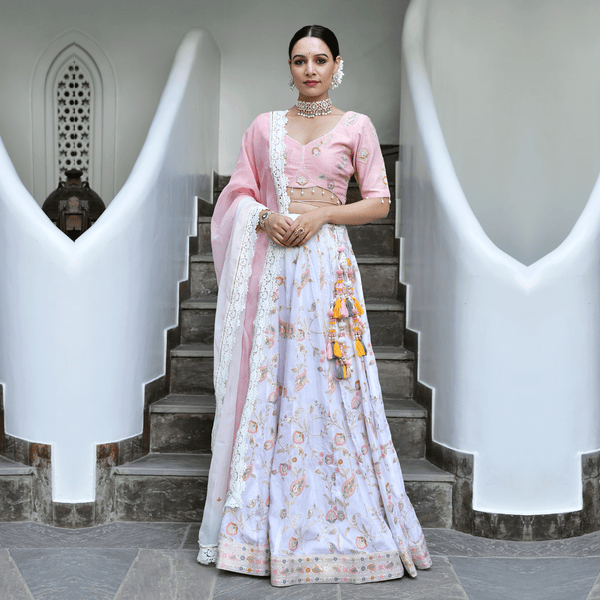 Latest Enagement Dress - Shocking Pink Blouse Ivory Lehenga Dupatta | Pink  and white dress, Pink half sarees, Pakistani bridal lehenga